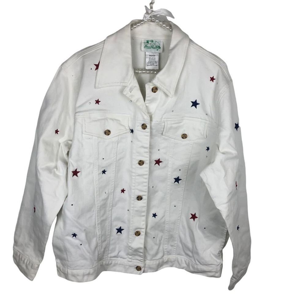 White Denim Jean Jacket with Embroidered Stars and Rhinestones -Women Medium